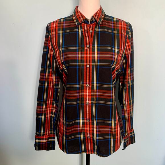 J. Crew Slim Stretch Perfect Shirt in Black Stewart Tartan Plaid Size 6 - Picture 7 of 8